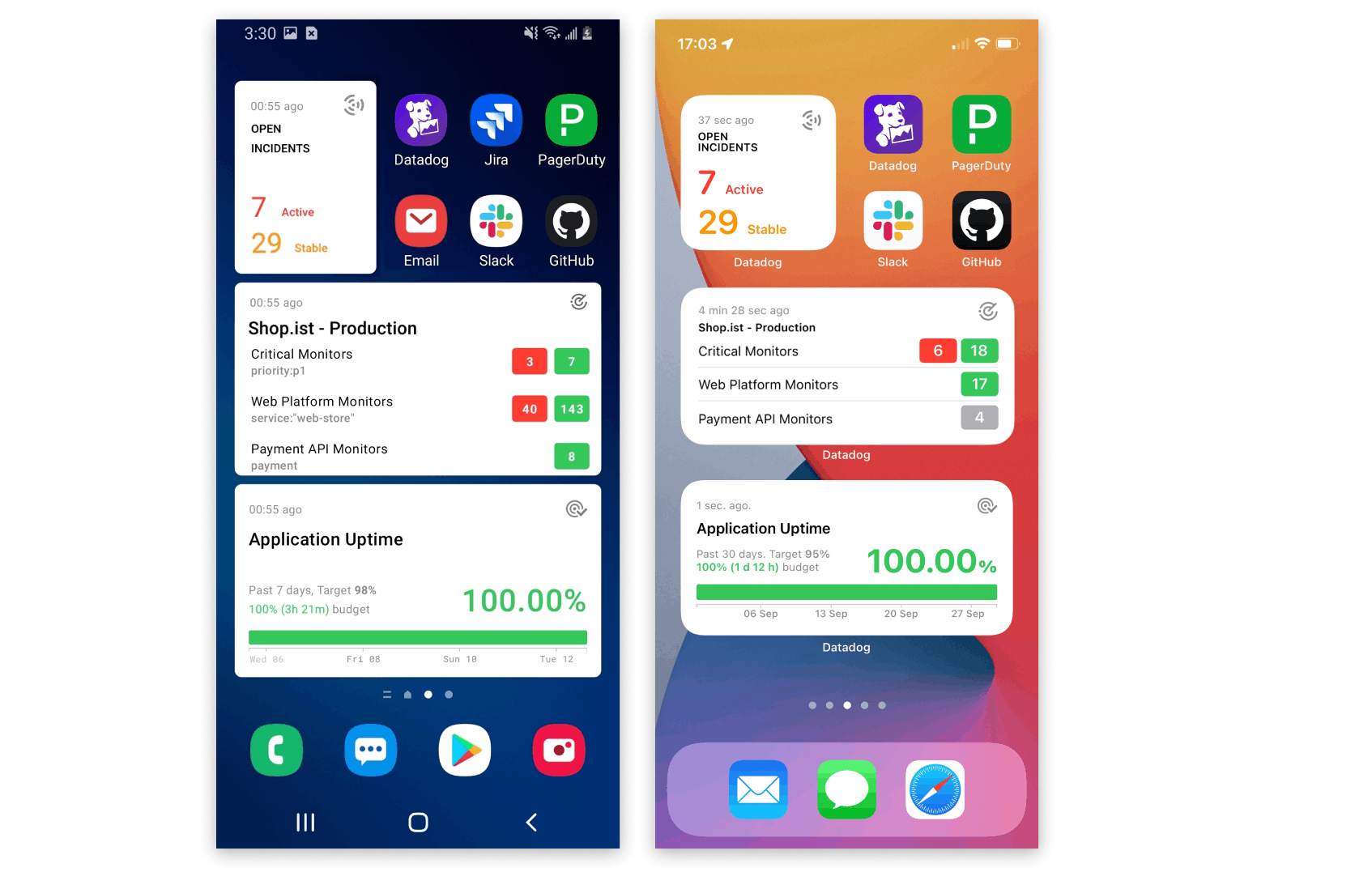 A mobile dashboard on an Android phone and one on an iPhone both show monitor widgets, SLO widgets, and icons for PagerDuty, Datadog, Slack, and GitHub apps. A mobile dashboard on an Android phone and one on an iPhone both show monitor widgets, SLO widgets, and icons for PagerDuty, Datadog, Slack, and GitHub apps.