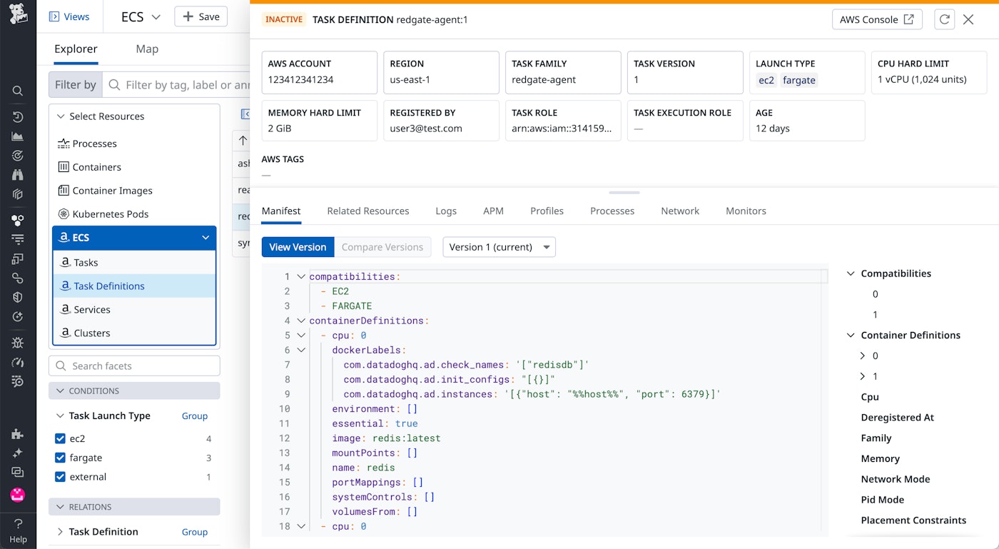 The ECS Explorer Task Definition view shows a container definition within an ECS task manifest. The ECS Explorer Task Definition view shows a container definition within an ECS task manifest.