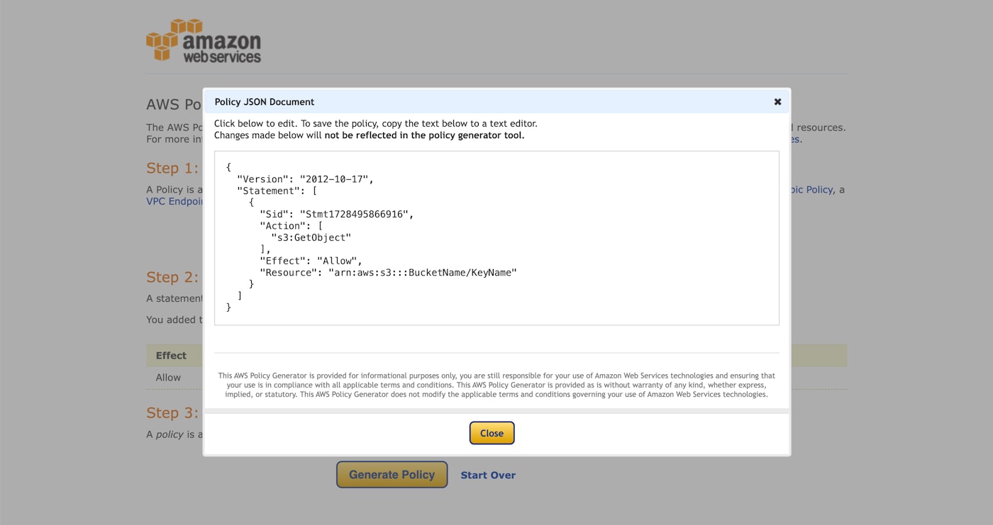 AWS IAM web interface depicting JSON policy example with permissions for all S3 actions on a specific bucket AWS IAM web interface depicting JSON policy example with permissions for all S3 actions on a specific bucket