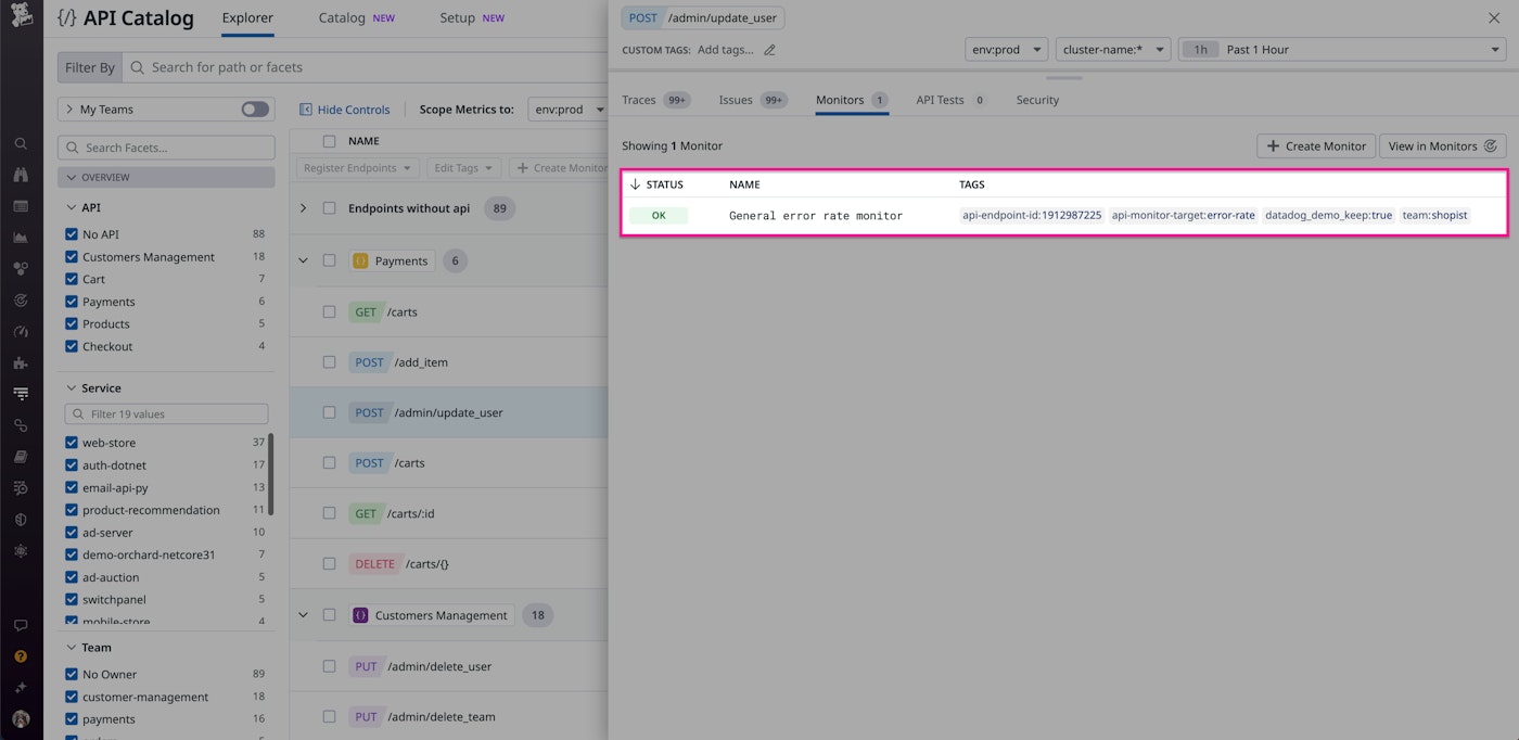API Catalog monitor list API Catalog monitor list