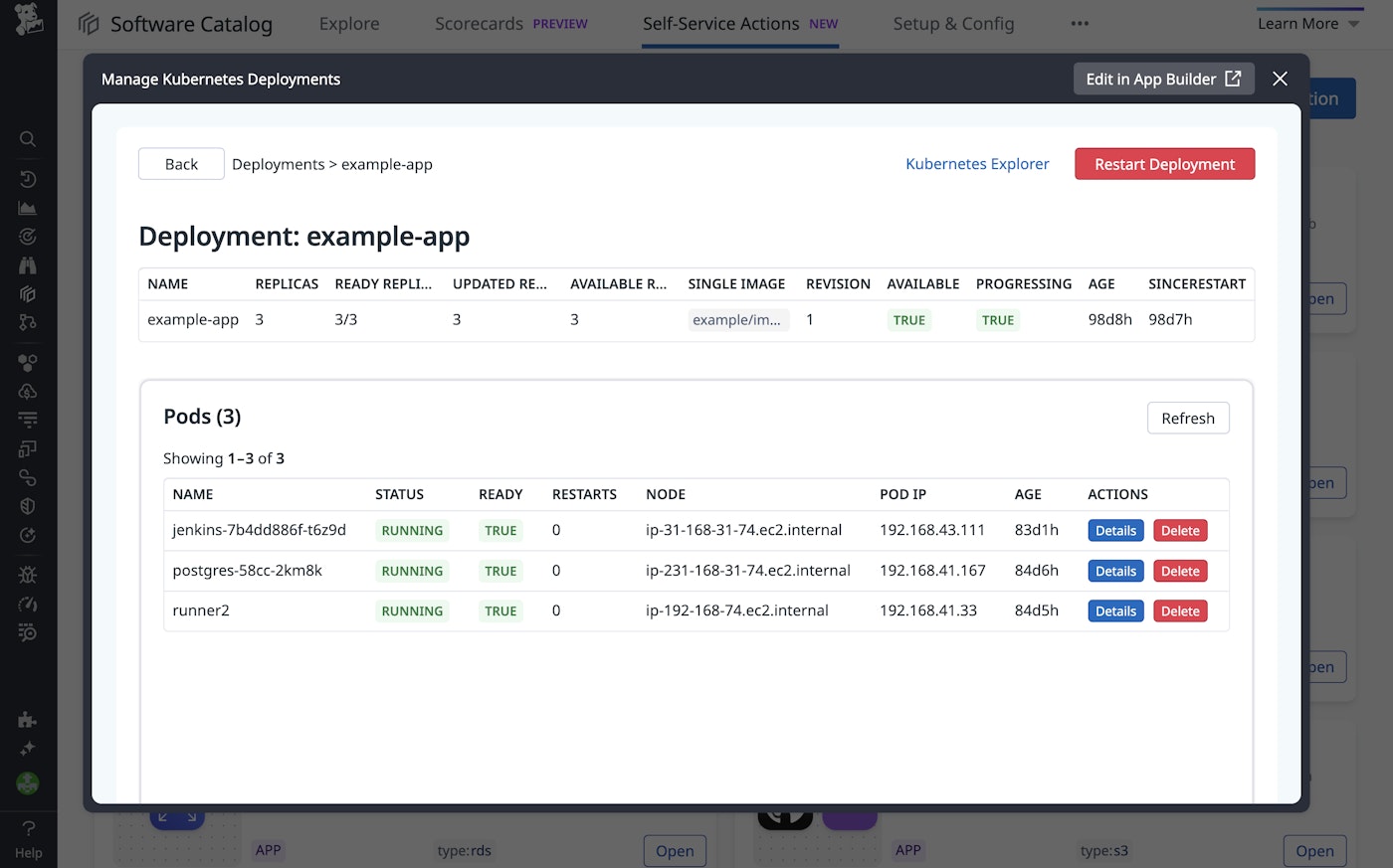 Screenshot of functionality in Self-Service Actions to restart a Kubernetes deployment. Screenshot of functionality in Self-Service Actions to restart a Kubernetes deployment.